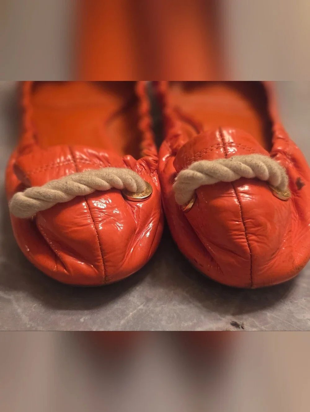 Tory Burch Orange Leather Rope-Tie Ballet Flats
